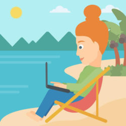 A business woman sitting on the beach in chaise lounge and working on a laptop vector flat design illustration. Square layout.