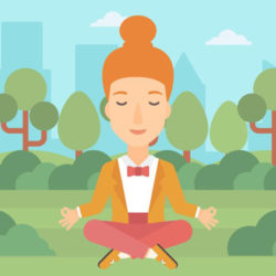 A business woman meditating in lotus pose in the park vector flat design illustration. Square layout.