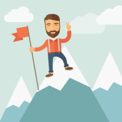 Happy young man with beard holding flag on top of mountain. winner and leader concept. flat vector